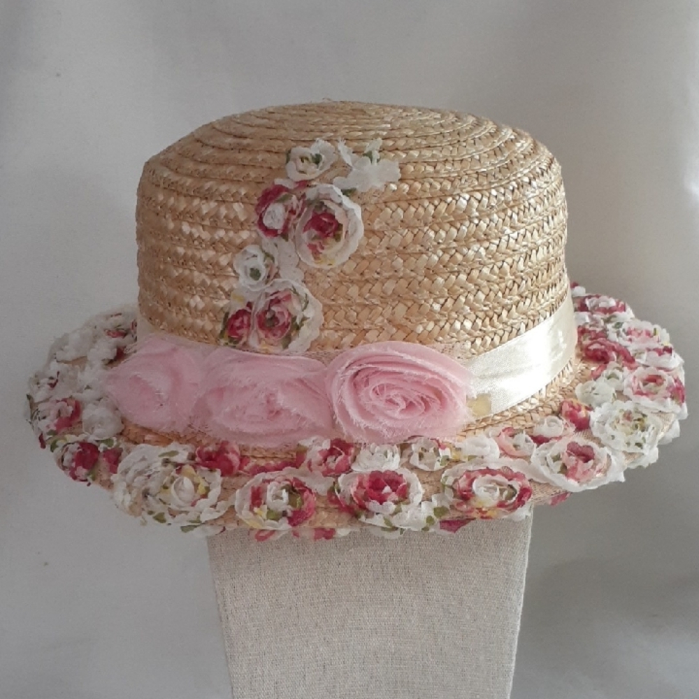 Child Floral Straw Hat with Large Pink Roses White Band Mini Rose Accents